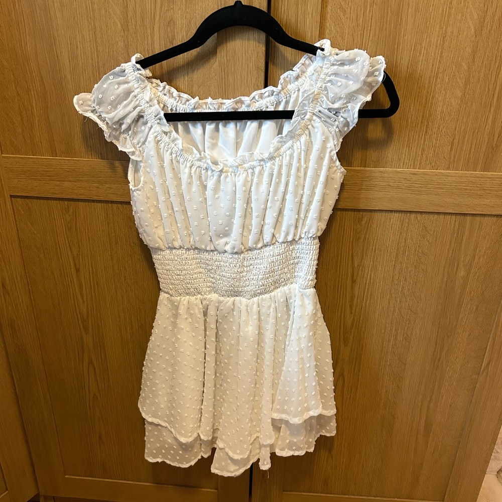 Cider white polka dot romper with ruffle sleeves and elastic waist